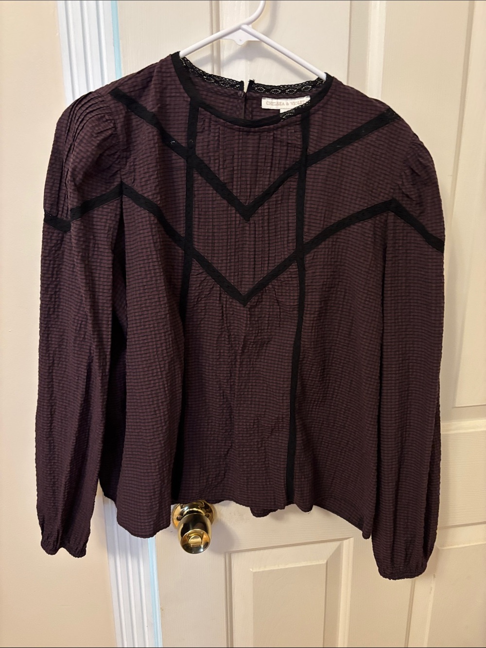 Chelsea & Violet Black Plum Textured Chevron-Trim Long Sleeve Blouse